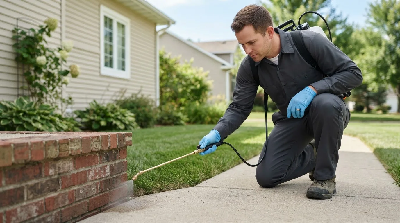 Pest control technician treating a home near Owensville, IN