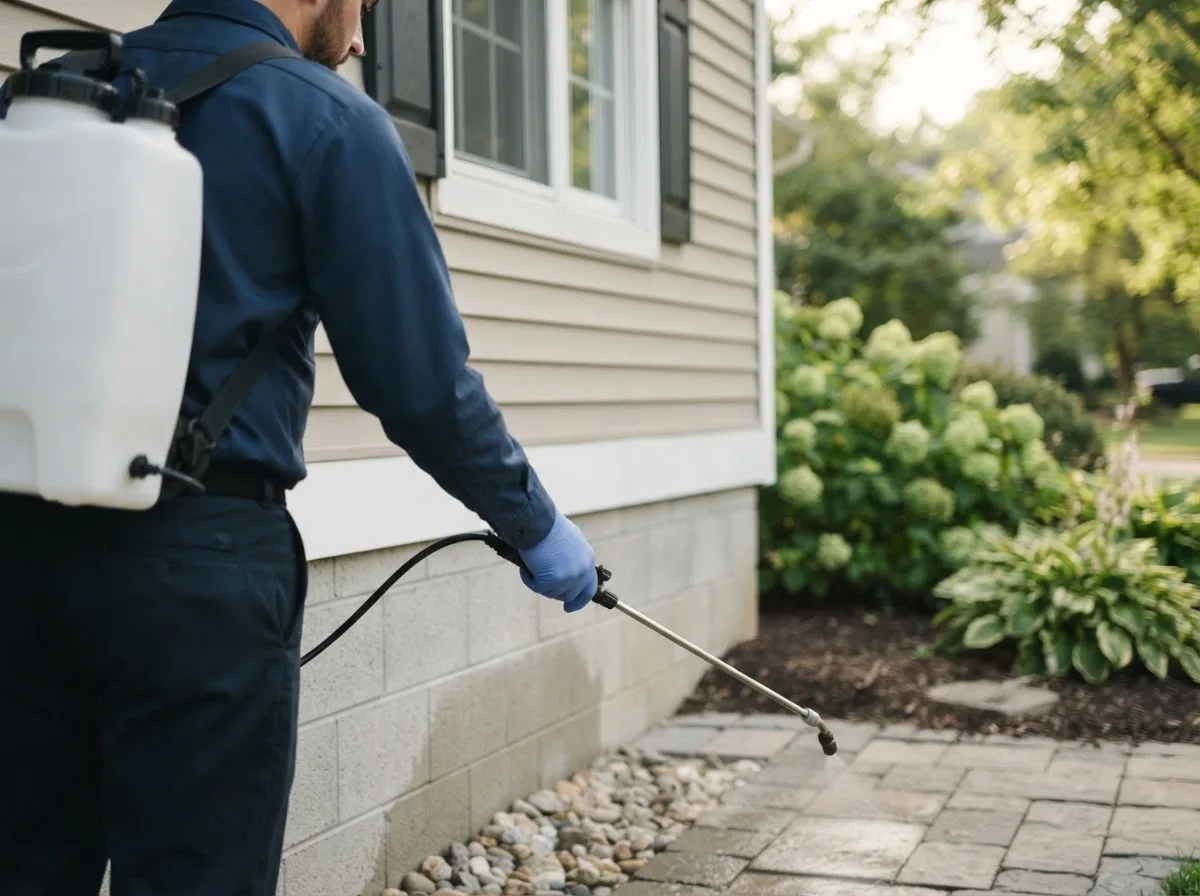 Pest control technician inspecting a home in Owensville, IN